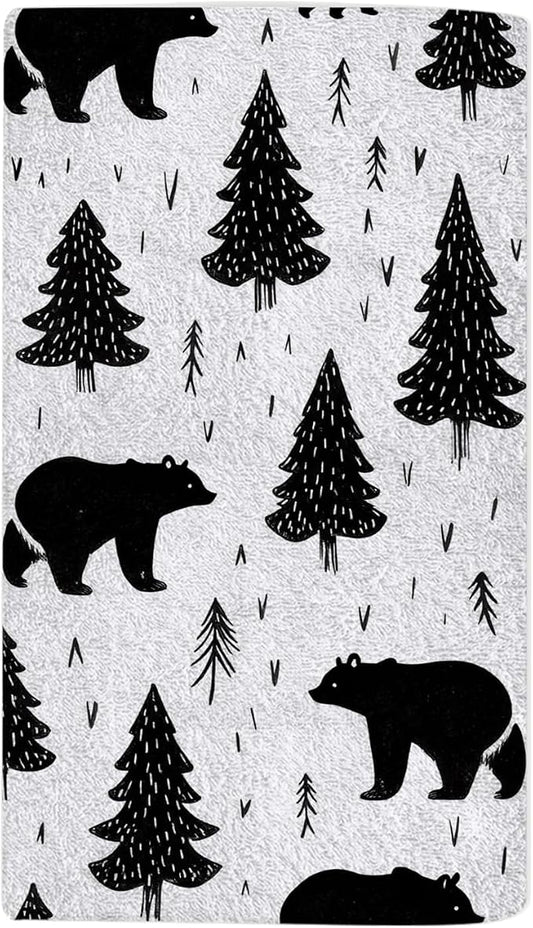 Woodland Black Bears Hand Towel Mountain,Grizzly Trees Face Towels Suit Travel Sports Pool Swimming Bath Camping Spa Gym Yoga,15x30 Inch