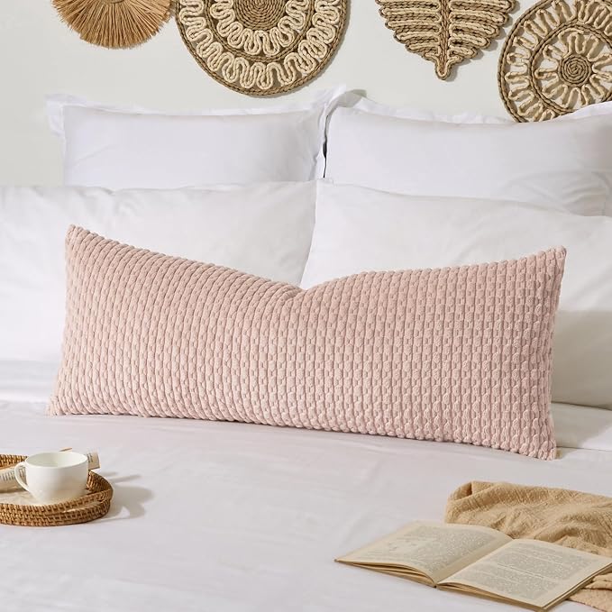 Kevin Textile Soft Corduroy 20"x54" Body Pillow Cover 1 Pack, Light Pink | Boho Stripe Plush Corduroy Decorative Oblong Cushion Cover Modern Farmhouse Home Decor for Sofa Couch Bed Chair