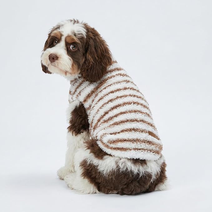 Fitwarm 2 Pack Striped Fleece Dog Sweater, Warm Winter Clothes for Small Dogs Boy Girl, Fuzzy Pet Outfit, White, Brown, Small