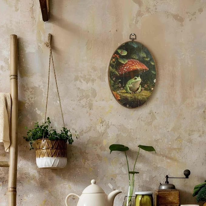 LKETW Dark Cottagecore Frog Mushroom Oval Wall Art Decor, Vintage Whimsical Oval Canvas Hanging Decor, Moody Botanical Frog Mushroom Wall Decorations for Home Bedroom Living Room, 8.6x11.4 Inch