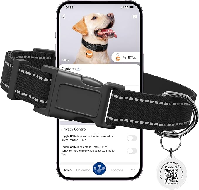 Personalized Collar with QR Code Tag, Medium, Black | Reflective Dog Collar with Smart ID Tag, Dog Collars for Medium Dogs