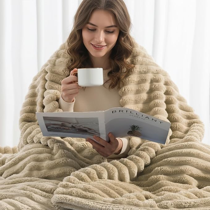 decorUhome Light Brown Fleece Queen Blanket 90x90 Inches | Soft Fleece Bed Cozy Fluffy Plush Flannel Large Striped Throws for Couch Sofa, Decorative Fuzzy Blanket for Woman