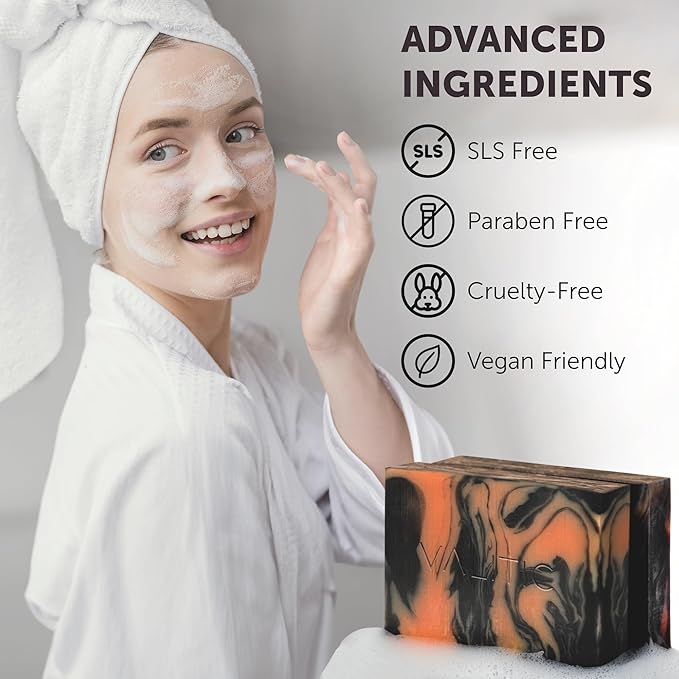 VALITIC Charcoal Kojic Acid Turmeric Black Soap Bar Dark Spot Remover for Body or Face Wash - 2 Pack and Holder