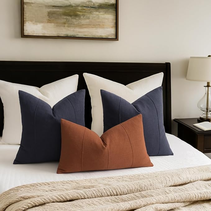 Decorative Linen Throw Pillow Covers 24x24 Set of 2 Solid Handcrafted Striped Cushion Covers for Bed Soft Modern Farmhouse Neutral Pillowcase for Couch Bedroom Living Room Home Decor(Dark Navy)