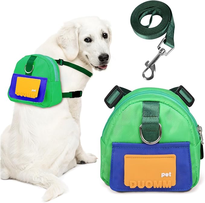 Adjustable Dog Backpack Harness with Leash & Poop Bag Dispenser, Waterproof Dog Saddle Bag, Pets Self Carrier Dog Harness Bag for 17-33 Lb Medium Doggy Travel Hiking Walking (Green)