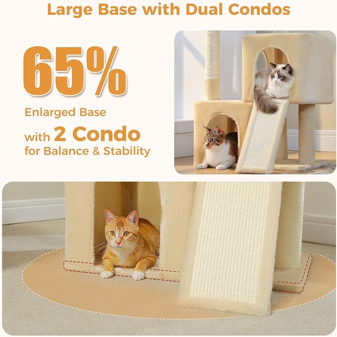PAWZ Road Large Cat Tree, 45" Heavy Duty Cat Tower with Dual Condos, Beige | thick scratching posts(φ4.3"), 21"x21" spacious perch, large scratching ramp, dual condos for large&maine cats