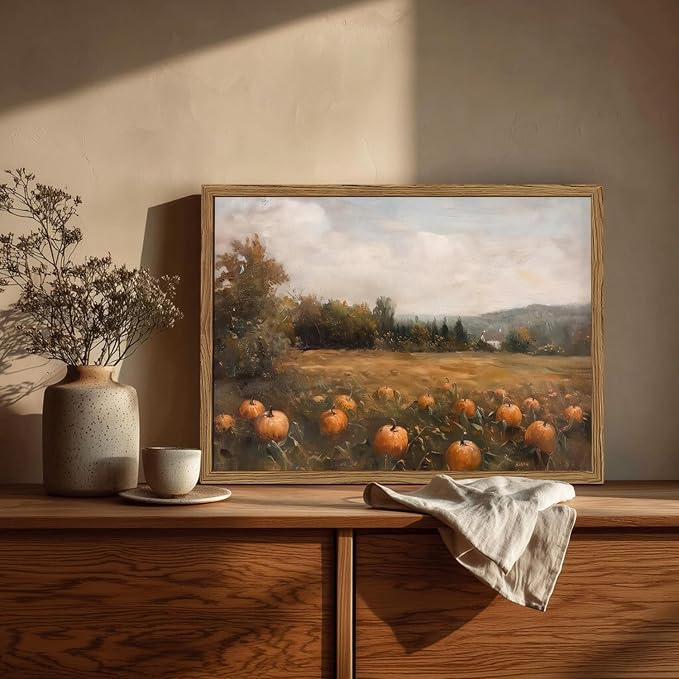 Framed Vintage Pumpkin Wall Art, Farmhouse Pumpkin Field Pictures Wall Decor, Rustic Harvest Landscape Paintings Canvas Prints Country Fall Home Decor for Living Room Kitchen 16×24 inch