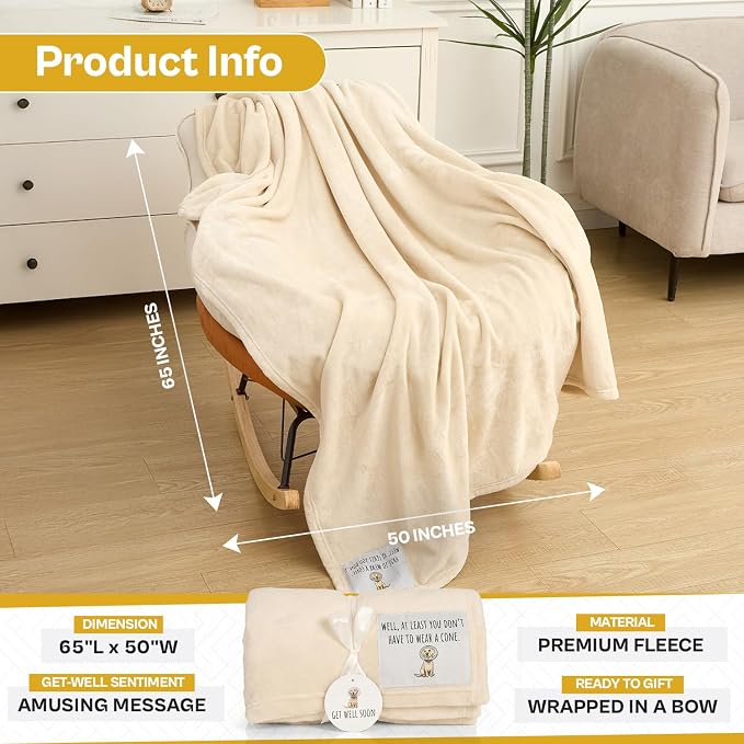 Solsken Home Get Well Soon Blanket – At Least You Dont Have to Wear A Cone Funny Get Well for Women & Men, Surgery, Illness, Sympathy & Comfort Throw, Ivory 50"x65"