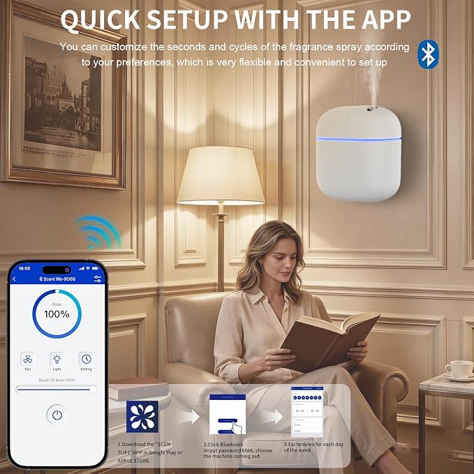 Hotel Scent Diffuser Kit for Home, Includes 2 Premium Oils, Waterless Essential Oil Aromatherapy Diffuser Cover 3500 Sq.ft. App Control,Powerful Nanotechnology System for Large Room Office Spa-White