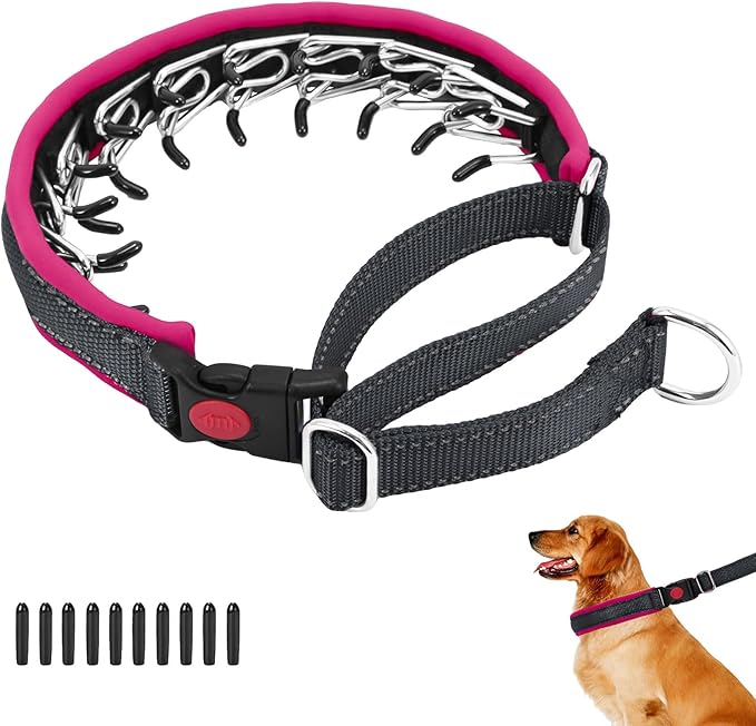 Martingale No Pull Dog Collar for Large Medium Small Dogs, Heavy Duty Nylon Reflective Adjustable Anti Pull Slip Collar with Buckle for Training Walking S Black Hot Pink
