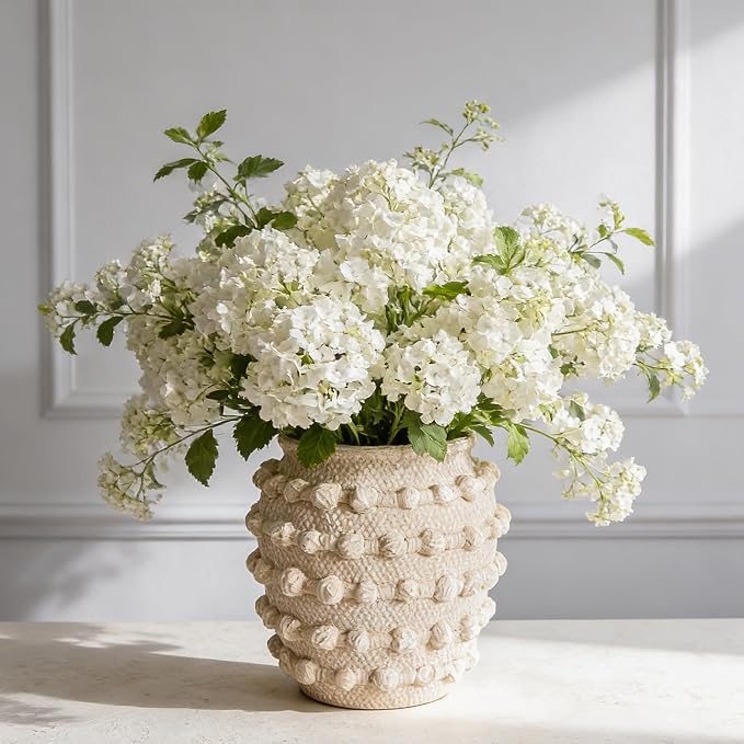 DN DECONATION Beige Flower Vase, 6.3" Farmhouse Boho Vase for Home Decor | Textured Rustic Small Vase, Cement Decorative Flower Vases with Rope Knots for Living Room, Table Centerpiece, Shelf, Mantel