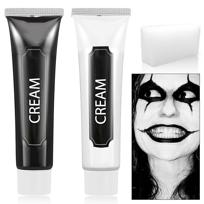 2 PCS Black White Cream Face & Body Paint Set, Halloween SFX Makeup Kit, Professional Face Painting Kit for Zombie Skeleton Cosplay Clown Makeup