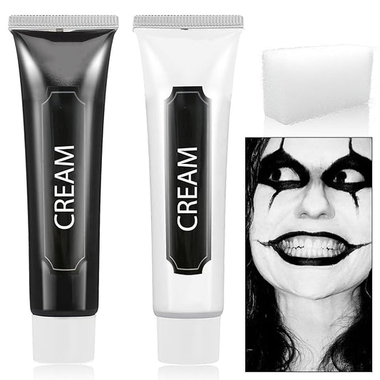 2 PCS Black White Cream Face & Body Paint Set, Halloween SFX Makeup Kit, Professional Face Painting Kit for Zombie Skeleton Cosplay Clown Makeup