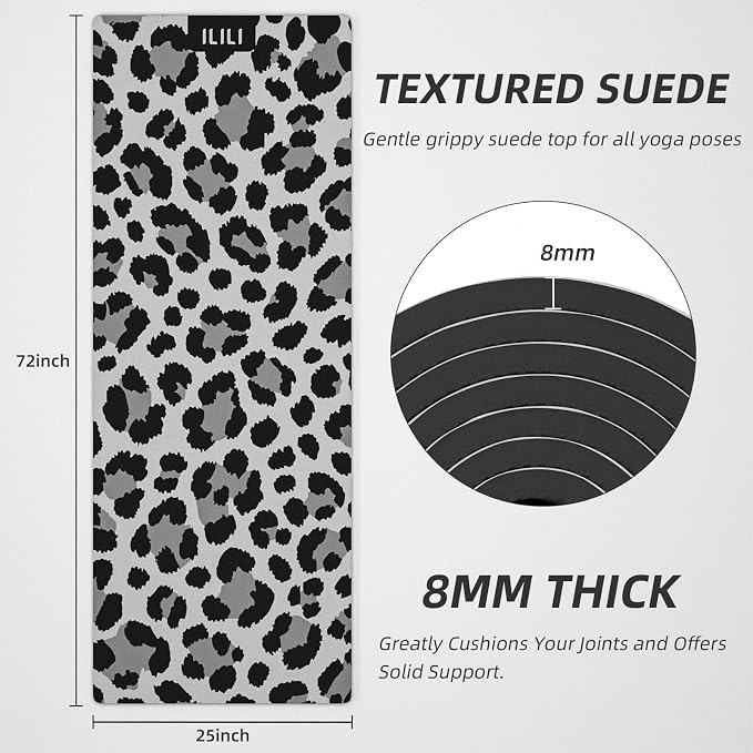 ILILI Yoga Mat Leopard Print Yoga Mat 8mm, Suede & TPE Thick Exercise Mat, Workout Mat for Women Men, 72''x25'' Fitness Mat with Strap for Home Gym, Yoga, Pilates, Stretching
