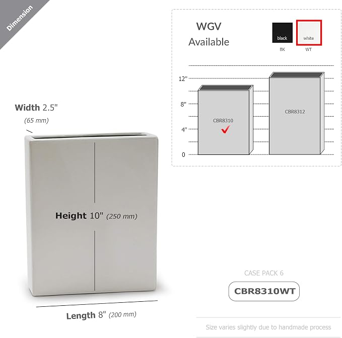 WGV Rectangle Block Ceramic Vase Bulk 8" x 2.5" x 10"H White Tall Narrow Planter Terrarium Floral Centerpiece for Wedding Event Home Decor 6 Pieces