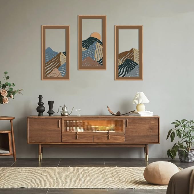 IARTTOP Abstract Mountain Wood Framed Wall Art 8x16 Inch Set of 3 Textured Minimalist Landscape Wooden Wall Decor Modern Colorful Line Artwork for Living room Bedroom Office