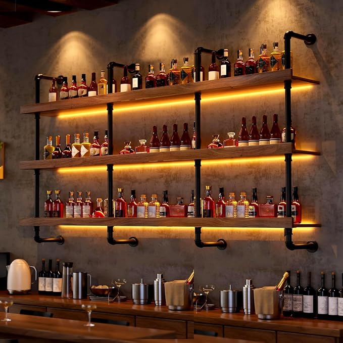 70.8in Wall Mounted Wine Rack with LED Light Solid Wood | 3-Tiers Liquor Bottles Floating Shelves Display Storage Organizer for Home Bar & Dining Room
