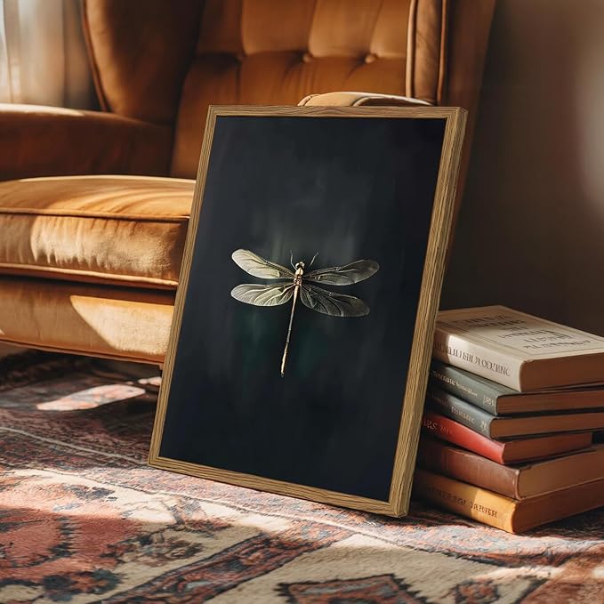 Dark Academia Dragonfly Wall Art Vintage Bug Wall Decor Pictures Whimsical Nature Insect Poster Canvas Print Moody Dragonfly Painting Artwork for Bedroom Living Room 16x24 inch Wood Framed