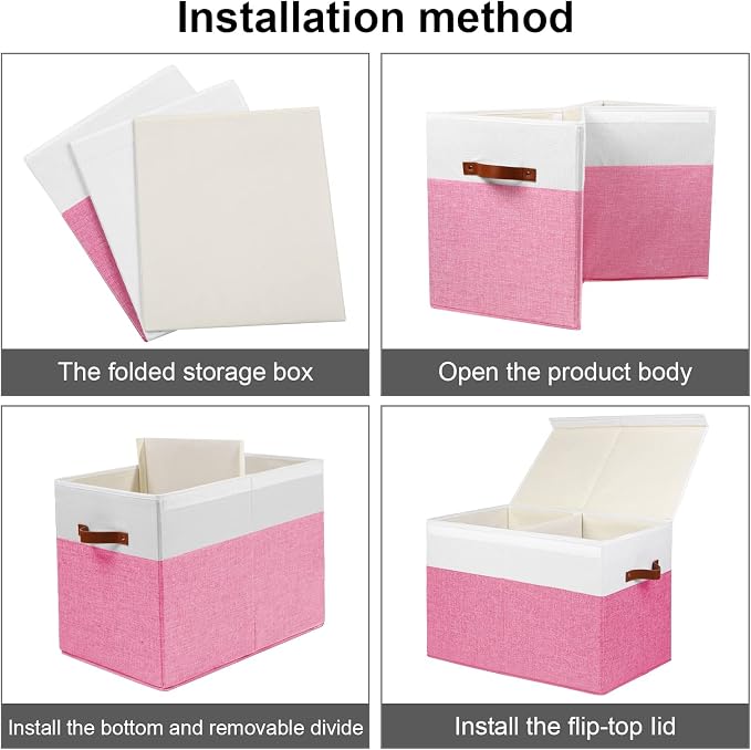 Large Toy Storage Box with Lid, Toy Chest Bin Boxes Basket with Dividers | Sturdy Toy Organizer Bin for Kids, Boys, Girls, Nursery, Living Room, Bedroom, Playroom 25"x13" x16" (Pink and White)