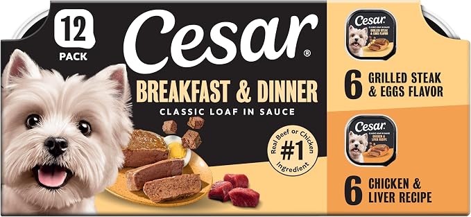 Cesar Classic Loaf Wet Dog Food, Breakfast & Dinner, 3.5 oz, 12 Count | Steak & Eggs & Chicken & Liver flavors, real beef or chicken #1 ingredient, made in the USA, no fillers, easy peel trays