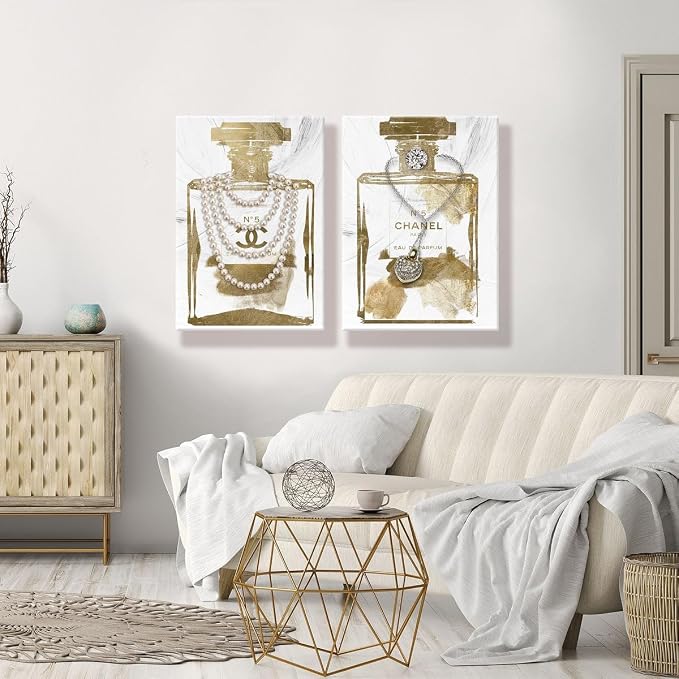 2 pieces Vintage Perfume Bottle Canvas Wall Art Modern Luxury Posters Print Fashion Glam Poster Picture for Bedroom Make up Room Home Decor 16"x24"(40x60cm)