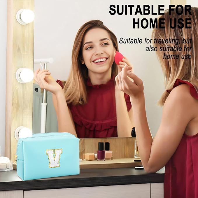 URSKYTOUS Gifts for Girls Initial Makeup Bag Personalized Cosmetic Bag with Zipper Cute Travel Toiletry Bag Waterproof PU Preppy Makeup Pouch Birthday Gift for Teen Girls Women(Blue V)