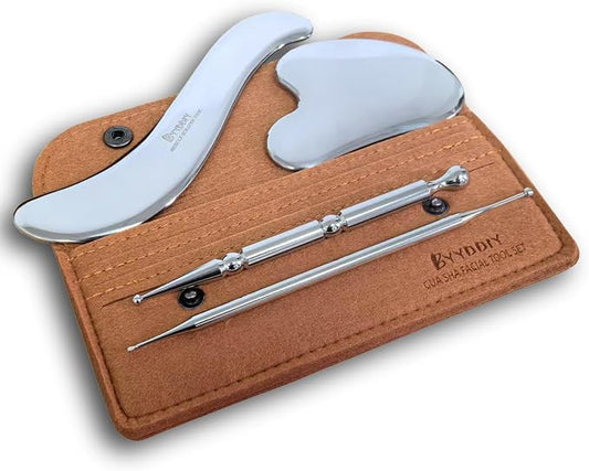BYYDDIY 4 in 1 Stainless Steel Dual Head Facial Reflexology Tool & Facial Tool Set, Muscle Scraper Tool for Face,Tighten Skin Massage, Guasha Beauty Tool for Body Eyes (s-4in1)