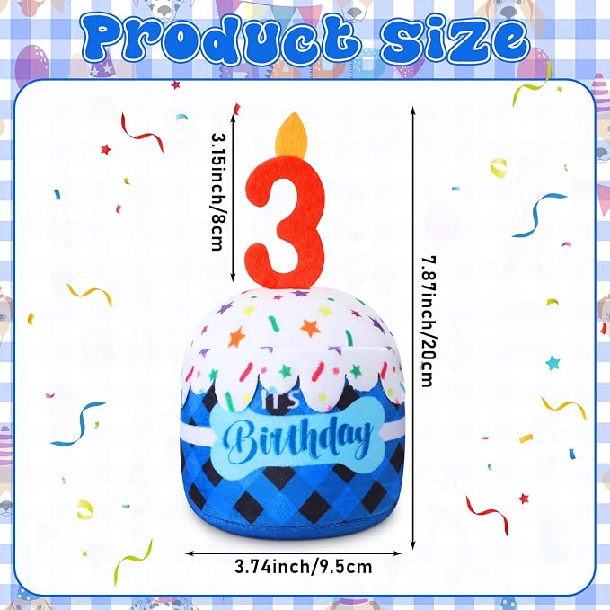 Dansydaisy Dog Birthday Cake Toy Squeaky Plush Gift,3rd,Blue Grid