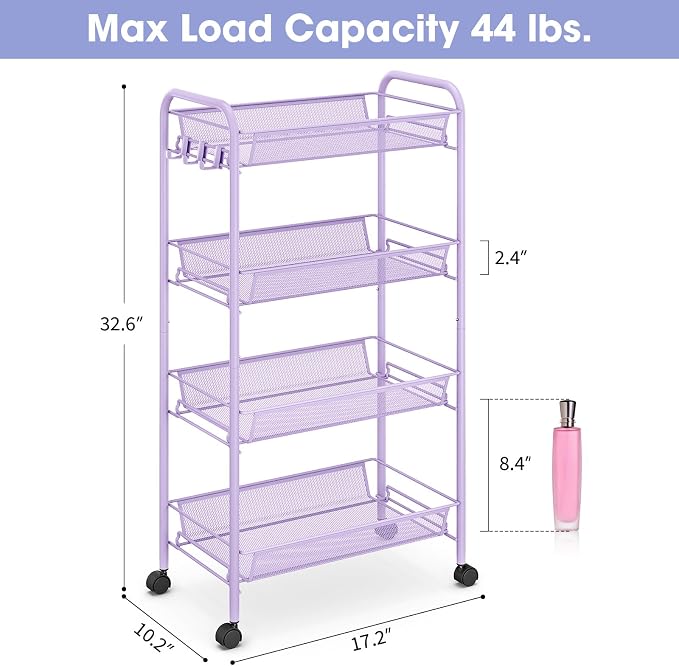 TOOLF 4 Tier Rolling Cart, Metal Utility Storage Cart with Wheels, Purple | 3 Hooks, Screwless Assembly, Trolley Organizer for Bathroom, Kitchen, Office, Nursery, Dorm, Laundry Room
