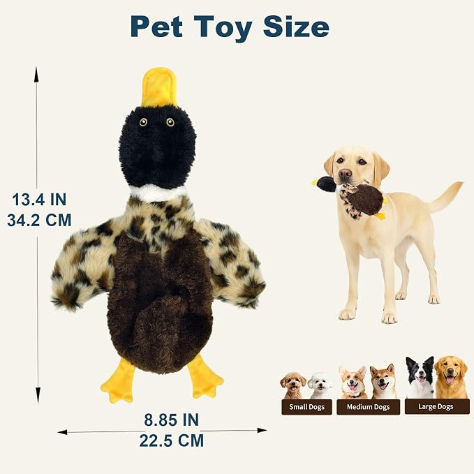 Stuffing-Free Duck Dog Toy, Plush Squeaky Toy with 4 Squeakers and Crinkle Wings, Hollow Body No-Stuffing Design for Small Medium Dogs