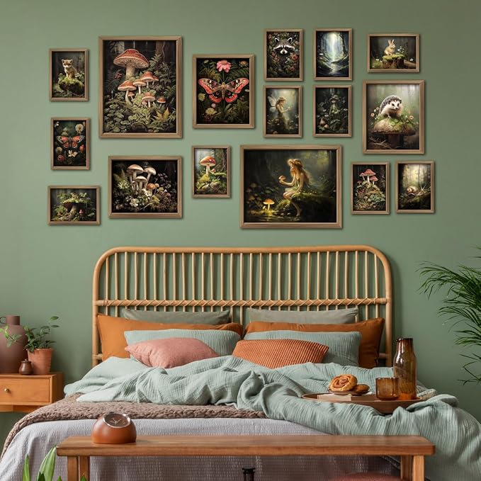 ANERZA 16 PCS Dark Cottagecore Wall Art Decor, Cottage Core Gallery Wall Prints for Bedroom, Fairycore Posters for Living Room Aesthetic, Nature Forest Mushroom Collage Kit, Whimsical Dorm Home Decor