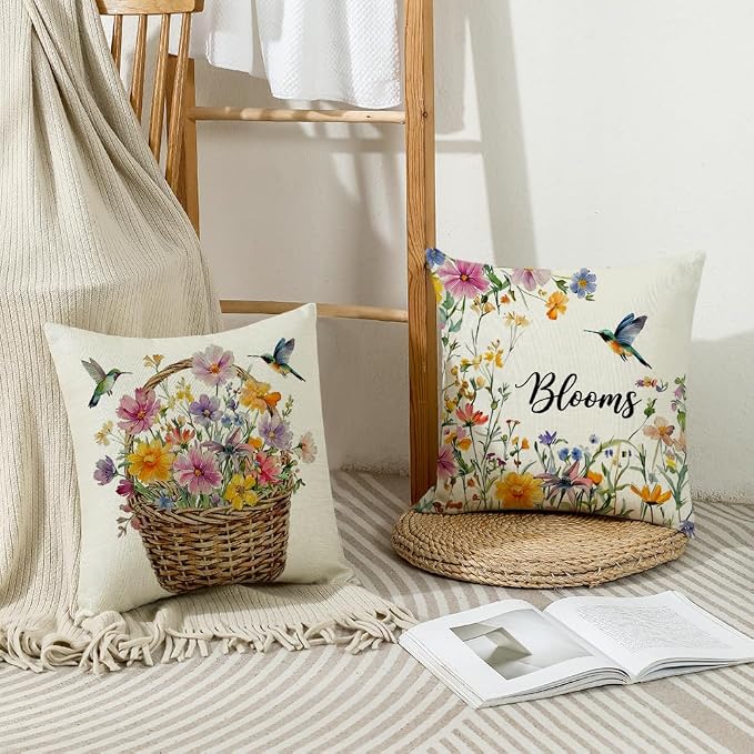 wyooxoo Throw Pillow Covers 18x18 Set of 4 Spring Pillow Covers Linen Flower Bird Farmhouse Cushion Case for Sofa Couch Living Room Outdoor Home Decor