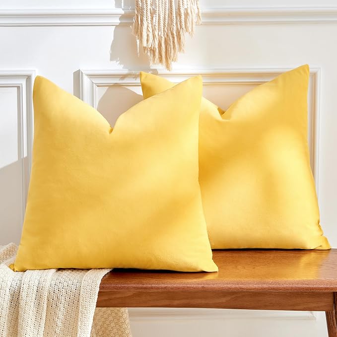 Throw Pillow Covers Yellow Set of 2 18x18 Inch Pillow Covers, Soft Velvet Fall Decorative Cases for Couch Sofa Bed, Home Boho Decor, Modern Farmhouse Cushion Covers