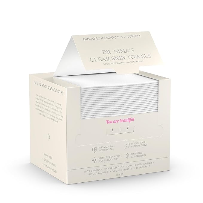 Dr. Nima's Clear Skin Towel, Organic Bamboo Face Towel, Physician Created Luxury Skin Care, Disposable Face Towel, Makeup Remover Dry Wipes, Ultra Soft, 1 Pack, 50 Ct