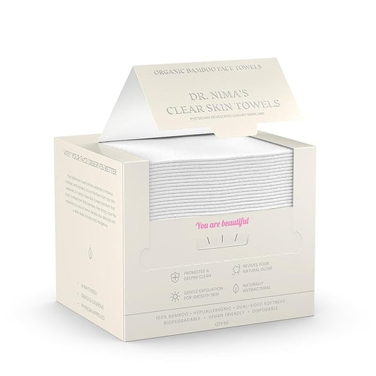Dr. Nima's Clear Skin Towel, Organic Bamboo Face Towel, Physician Created Luxury Skin Care, Disposable Face Towel, Makeup Remover Dry Wipes, Ultra Soft, 1 Pack, 50 Ct