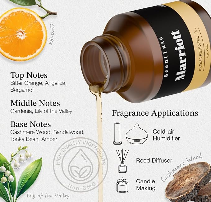 Essential Oils & Hotel Diffuser Oil Inspired Marriott Hotel - Bitter Orange, Jasmine & Lily of the Valley Blend for Home Fragrance Aromatherapy Oil Premium 15mL Glass Bottle