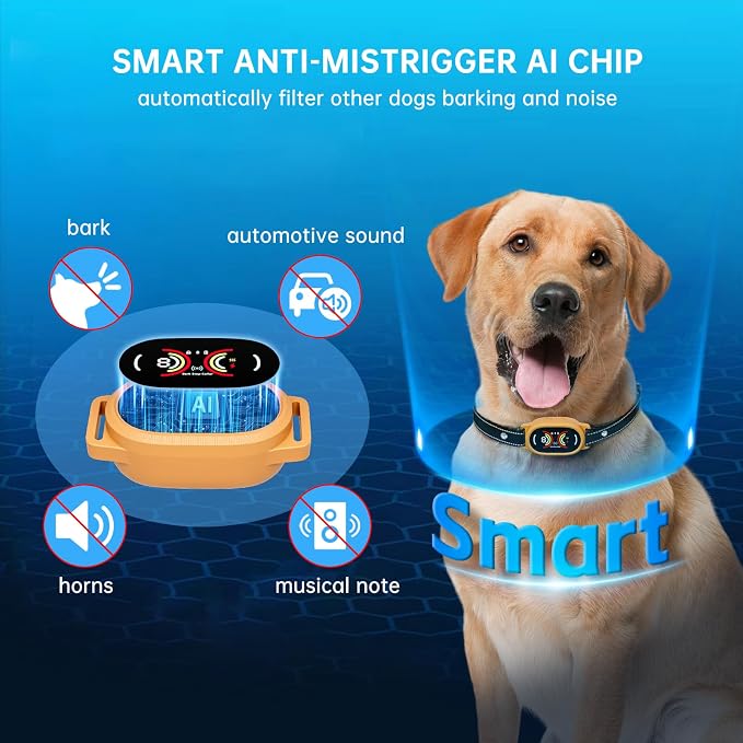 Dog Bark Collar for Large, Medium and Small Dogs with Smart Anti False Triggering AI Chip, IP67 Waterproof Rechargeable Anti Barking Collar with Adjustable Sensitivity and Multiple Modes (Orange)