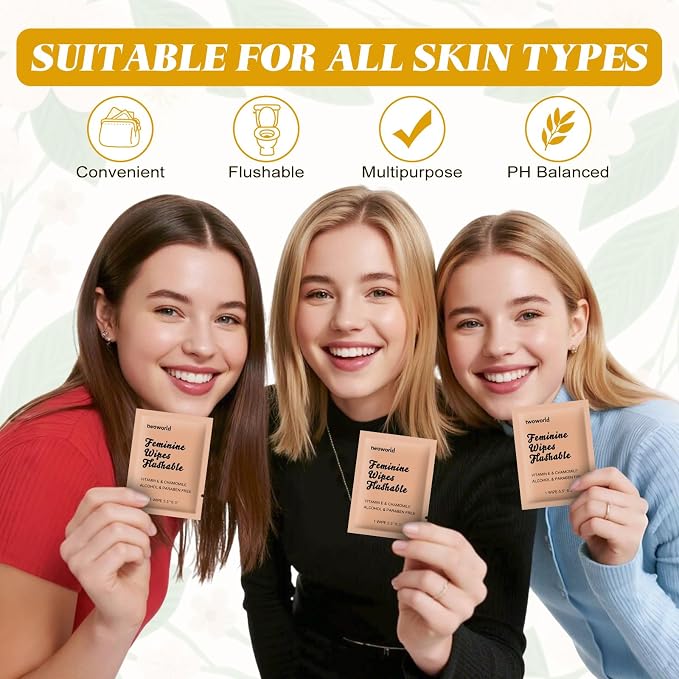 twoworld 50 Feminine Wipes Individually Wrapped,Flushable Wipes Travel | Feminine Care Vaginal Wipes for Adult,Women,Girl and Homeless (Chamomile)