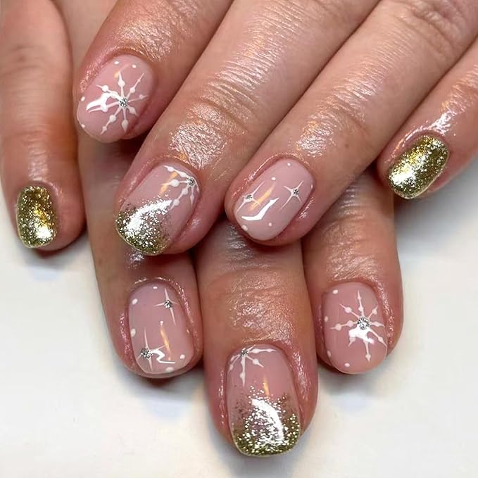 Gold Glitter Christmas Press on Nails Xmas Snowflake False Nails Glossy Short Square Glue on Nails Winter Christmas Acrylic Fake Nails for Women Girls