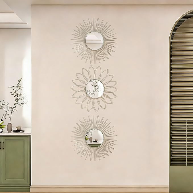3 Pack Metal Mirrors for Wall Sunburst Wall Mirrors Home Décor Decorative Hanging Wall Art for Living Room Bedroom Entryway (Silver2, Flower+Sunburst)