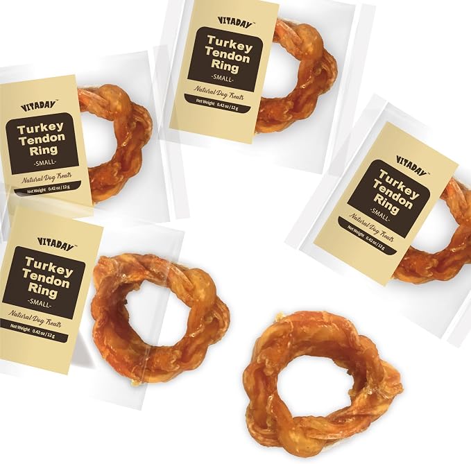VITADAY All Natural Turkey Tendon Dog Treats, Ring (S), 4-Pack | Long-lasting dog training treats, Rawhide-free made of USA-sourced turkey