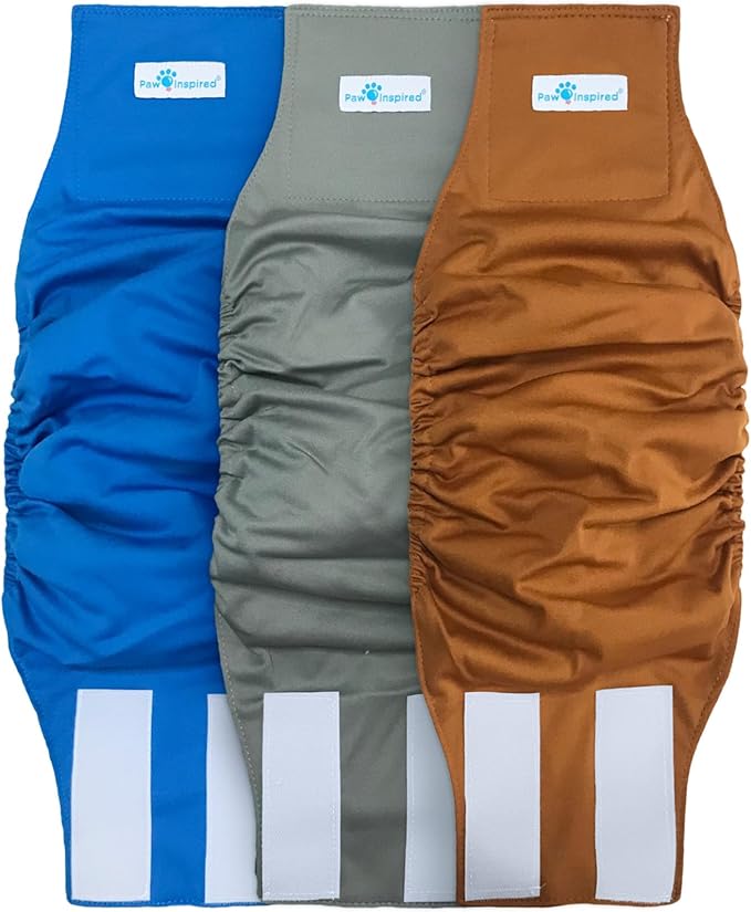 Paw Inspired Washable Male Dog Wraps, Assorted/White Lining, Medium, 3 Pack | M Size, Blue/Green/Brown Colors, Reusable Cloth Belly Bands for Potty Training, Marking, Incontinence, Travel, Surgery