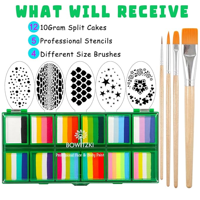 Bowitzki Face Paint 12x10 gm Professional Body Painting Kit For Kids Adults Stencil One Stroke Split Cake Non Toxic Rainbow Flora Unicorn Flame Makeup Halloween Christmas Easter -Green set