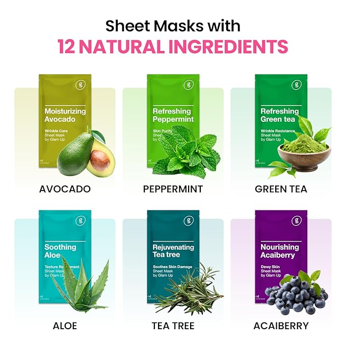 GLAM UP Korean Facial Sheet Mask 12 Combo Pack | Hydrating & Moisturizing Face Mask for Glass Skin | Soothing Korean Skincare for Sensitive, Dry Skin | Bulk Face Masks Gift Set for Home Spa