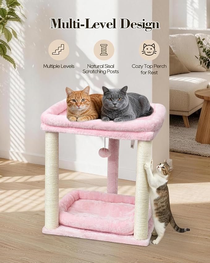 SYANDLVY Small Cat Tree for Indoor Cats with 2 Levels Perch Platforms | Natural Sisal Scratching Post Tower with Hanging Bell Ball & Anti-Tip Strap, Stable Cat Perch Furniture for Kittens, Pink