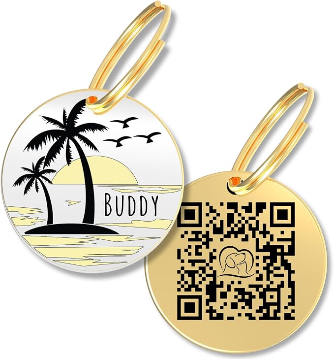PawFurEver QR Code Dog Tag - Custom Dog Tags/Pet ID Tags for Dogs, Engraved Dog Tag & Pet Tag, Stainless Steel Dog Tags Personalized for Pets (Beach, Gold)