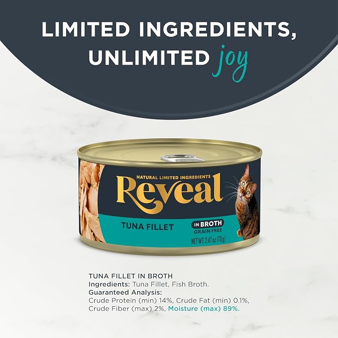 Reveal Natural Wet Cat Food,Grain Free,Limited Ingredient Canned Food for Cats,Tuna Fillet in Broth,2.47 oz Cans,(Pack of 48)
