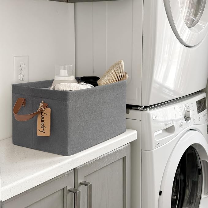 CHICVITA 20L Fabric Storage Baskets for Shelves, Metal Frame, 2-Pack, Grey | 14 ¾" L x 10 ¼" W x 8 ¼" H, Leather Handles, Clothes, Towels & Shoes Storage, Closet, Bedroom & Entryway Organization