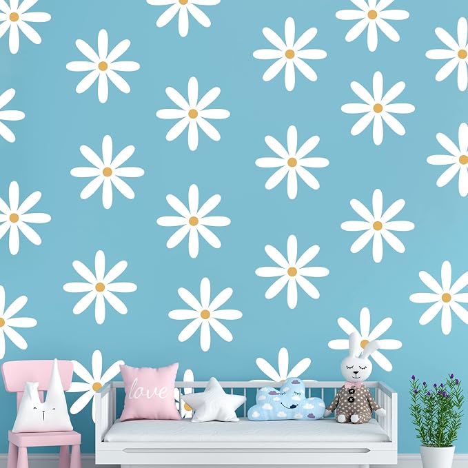 TaoBary 12 Sheet Daisy Wall Sticker Decal,White, Yellow,Fresh Style | Big Flower Wall Sticker, Pink White Floral Decal, Daisy Bedroom Room Decor, Removable Peel and Stick, Nursery Home Wall Decor