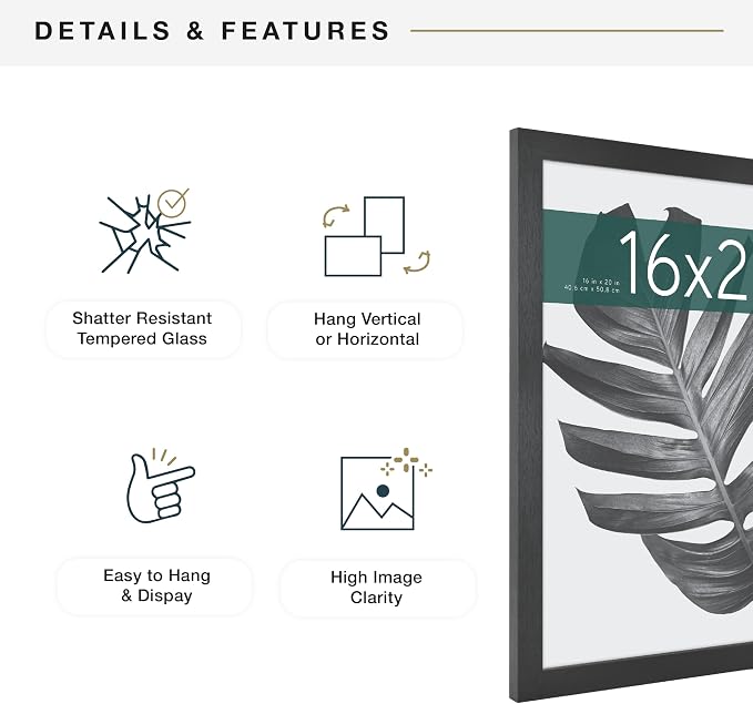 MCS Studio Gallery 16x20 Poster Frame Black Woodgrain Engineered Wood, Vertical & Horizontal Wall Hanging Large Picture Frame for Photos, Posters & Art Prints (1-Pack)